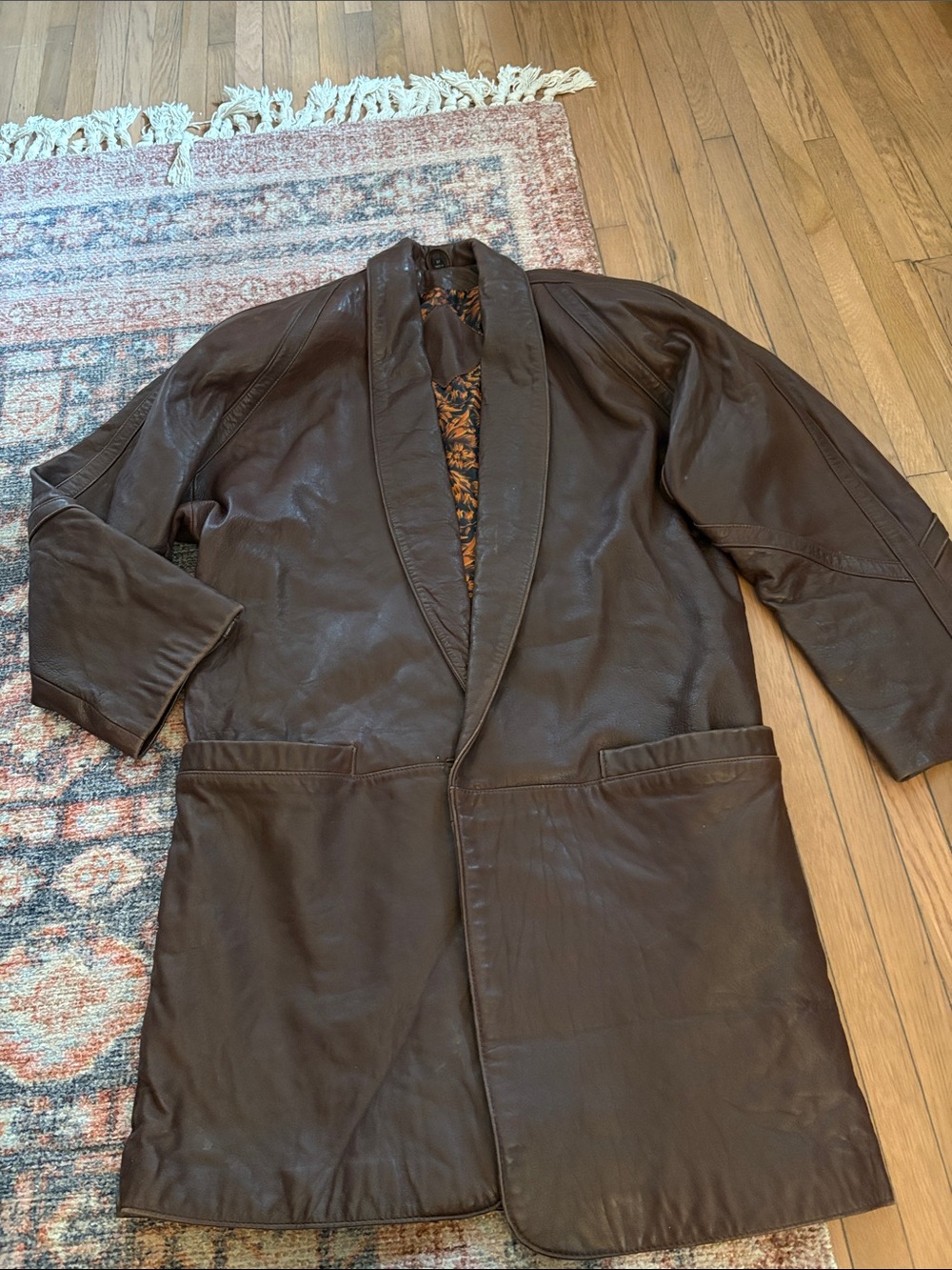 Vintage Long Brown Leather Coat with Shawl Collar size Medium